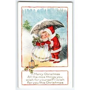 Christmas Postcard Whitney Boy Girl Under Umbrella Snow Storm Santa Suit 1916